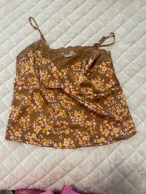 Pink Rose Brown Floral Satin like Lace-Trim Tank Top